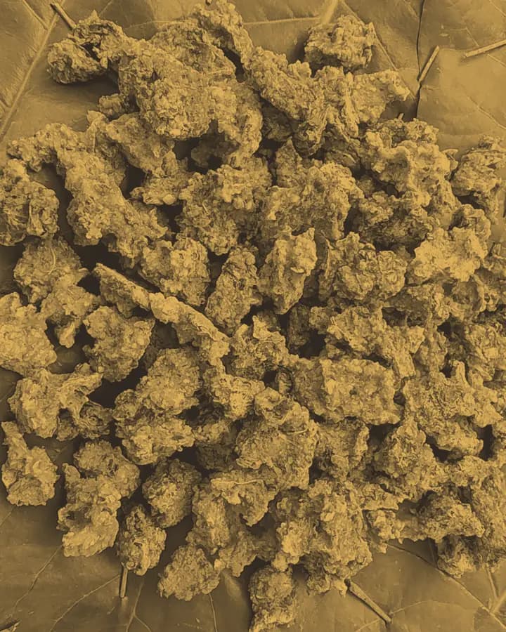 Hand-dropped moongdal wadi laid out on a leaf — the collective's handwork in basalt-and-gold duotone