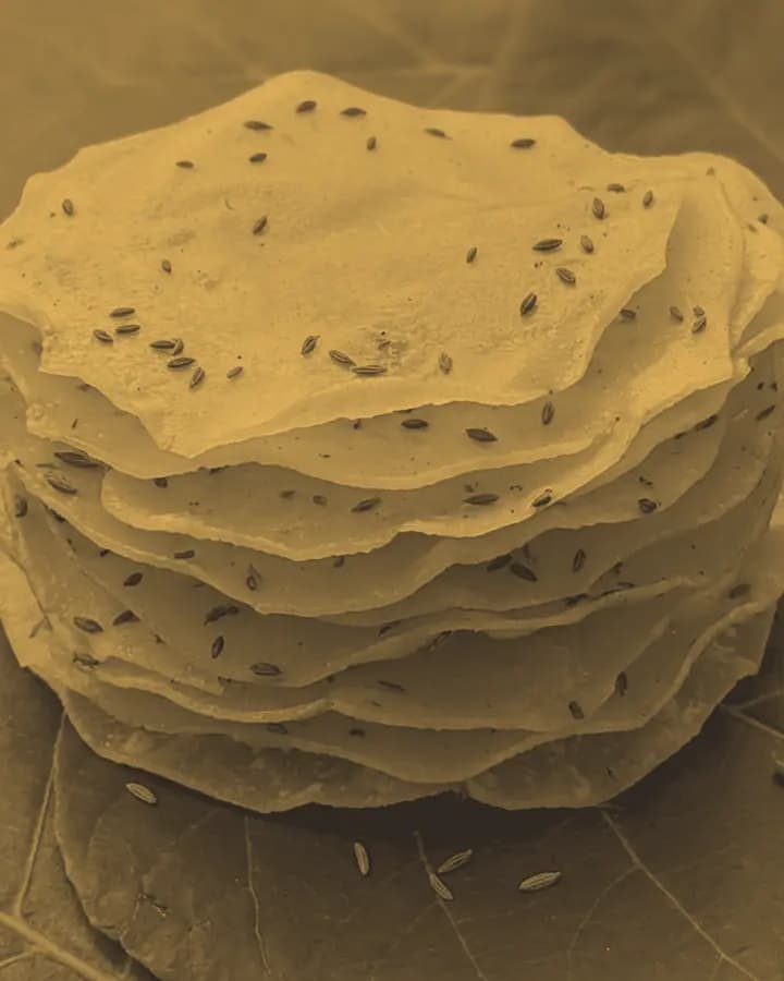 Sun-dried rice papad stacked on a green leaf in basalt-and-gold duotone
