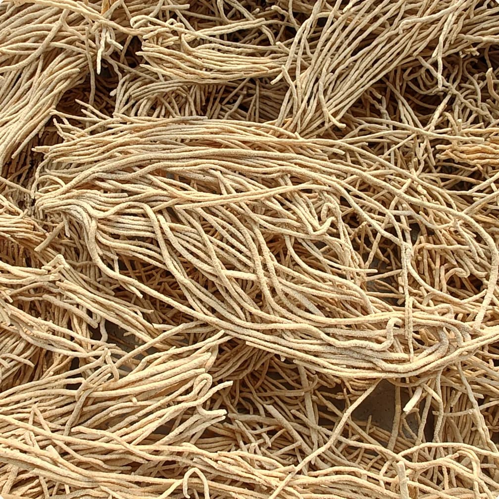 Fine strands of wheat sevai, rolled and pulled entirely by hand