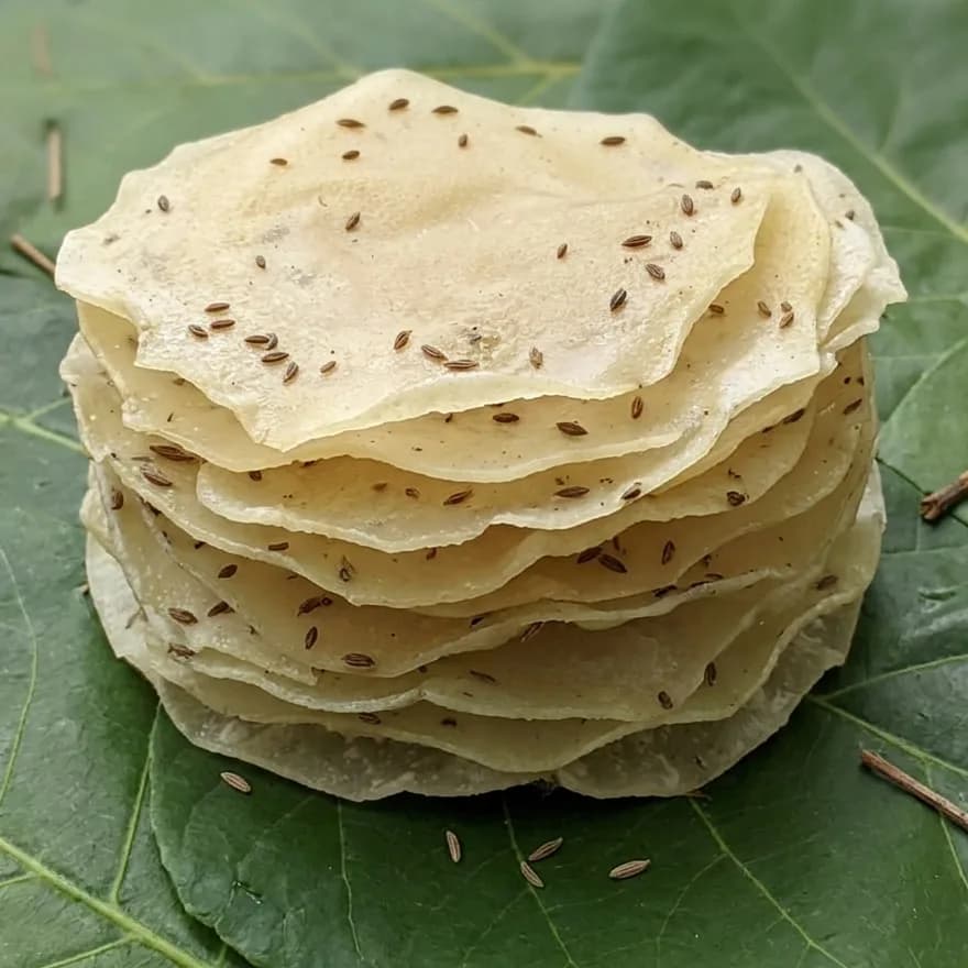 Rice papad drying in full sun on a green leaf